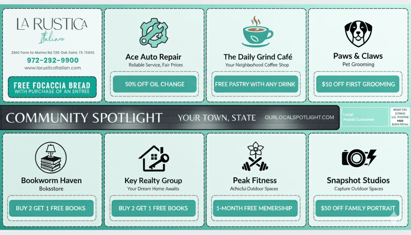 A sample 6x11 community card with local business ads