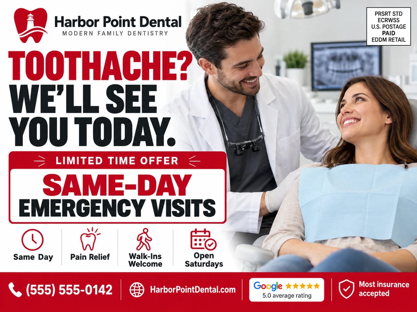 A sample 9x12 dental postcard offering same-day emergency visits
