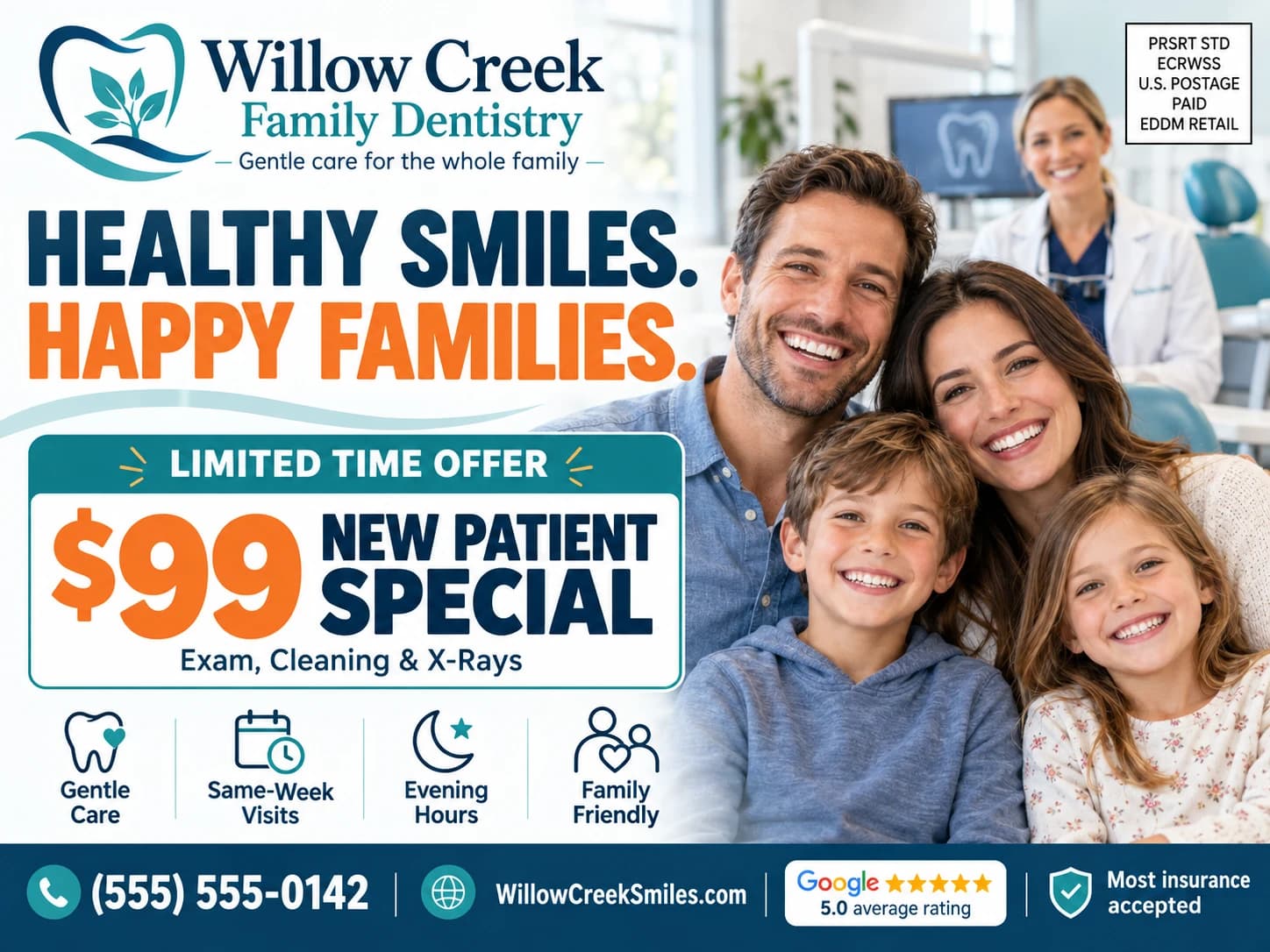 A sample 9x12 dental postcard for a family dentist with a $99 new patient special