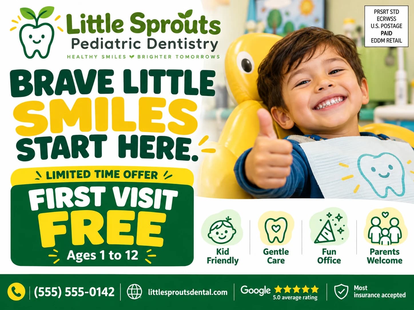 A sample 9x12 dental postcard for a pediatric dentist offering a free first visit