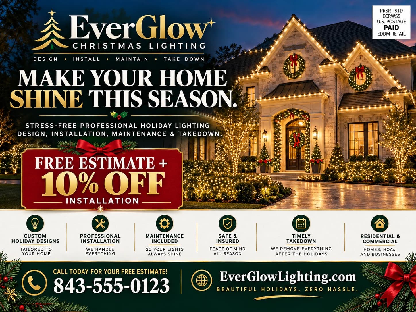 A sample 9x12 solo postcard for a holiday lighting company offering 10% off installation