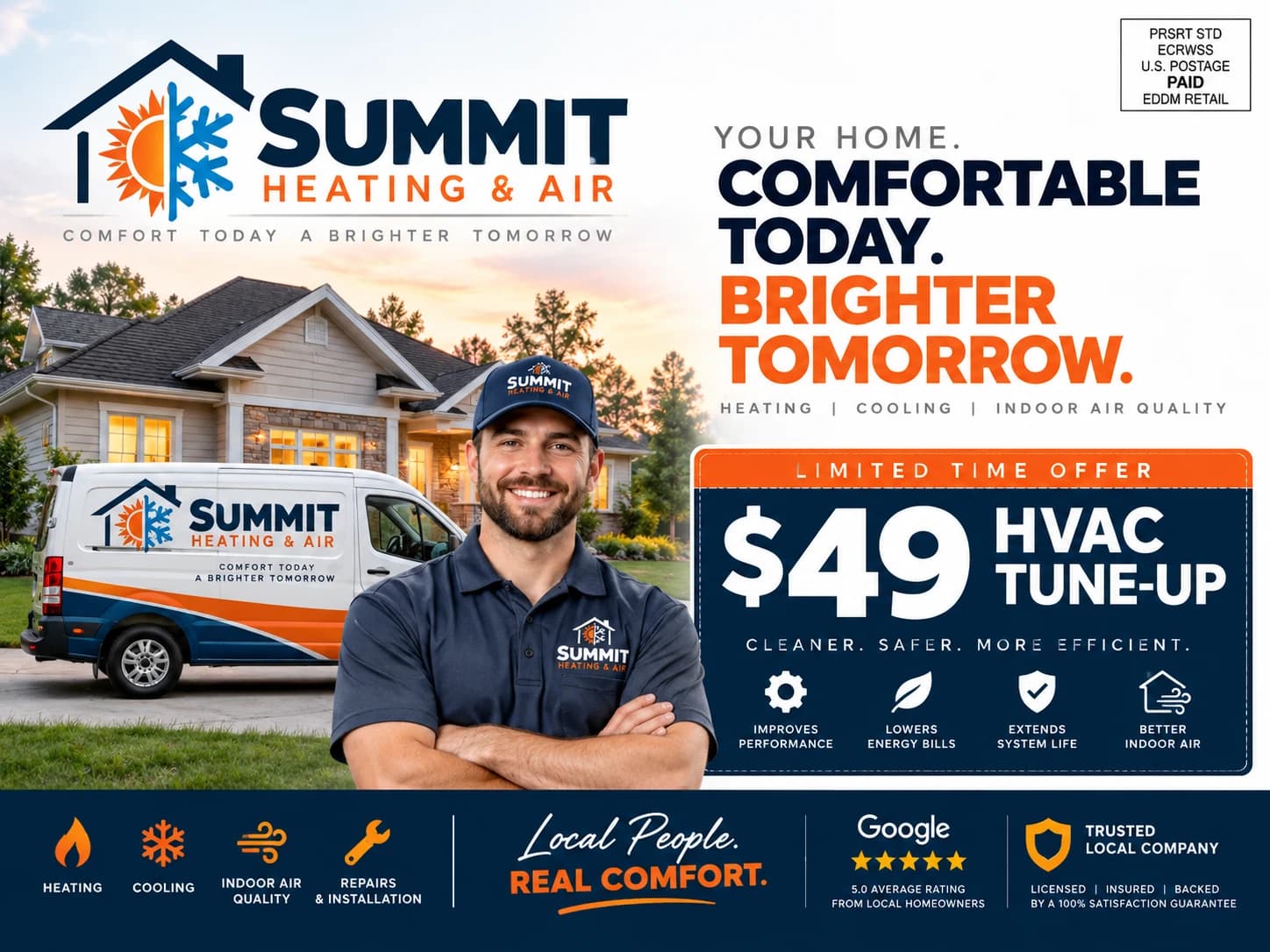 A sample 9x12 solo postcard for an HVAC company with a $49 tune-up offer