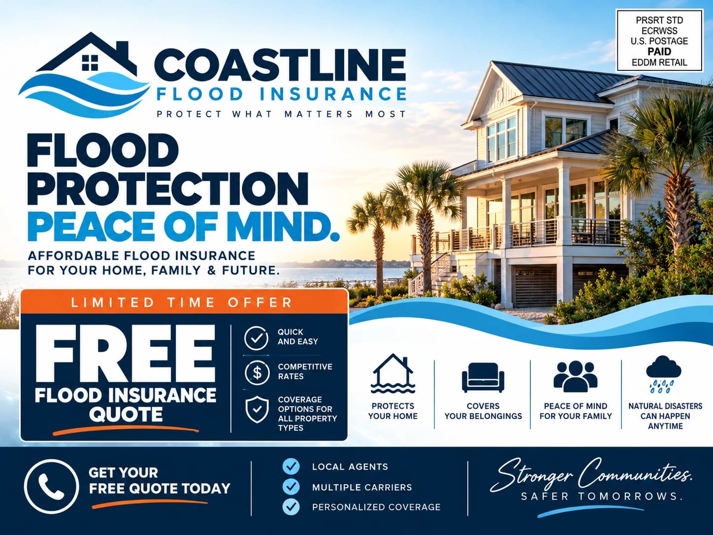 A sample 9x12 solo postcard for a flood insurance agency offering a free quote
