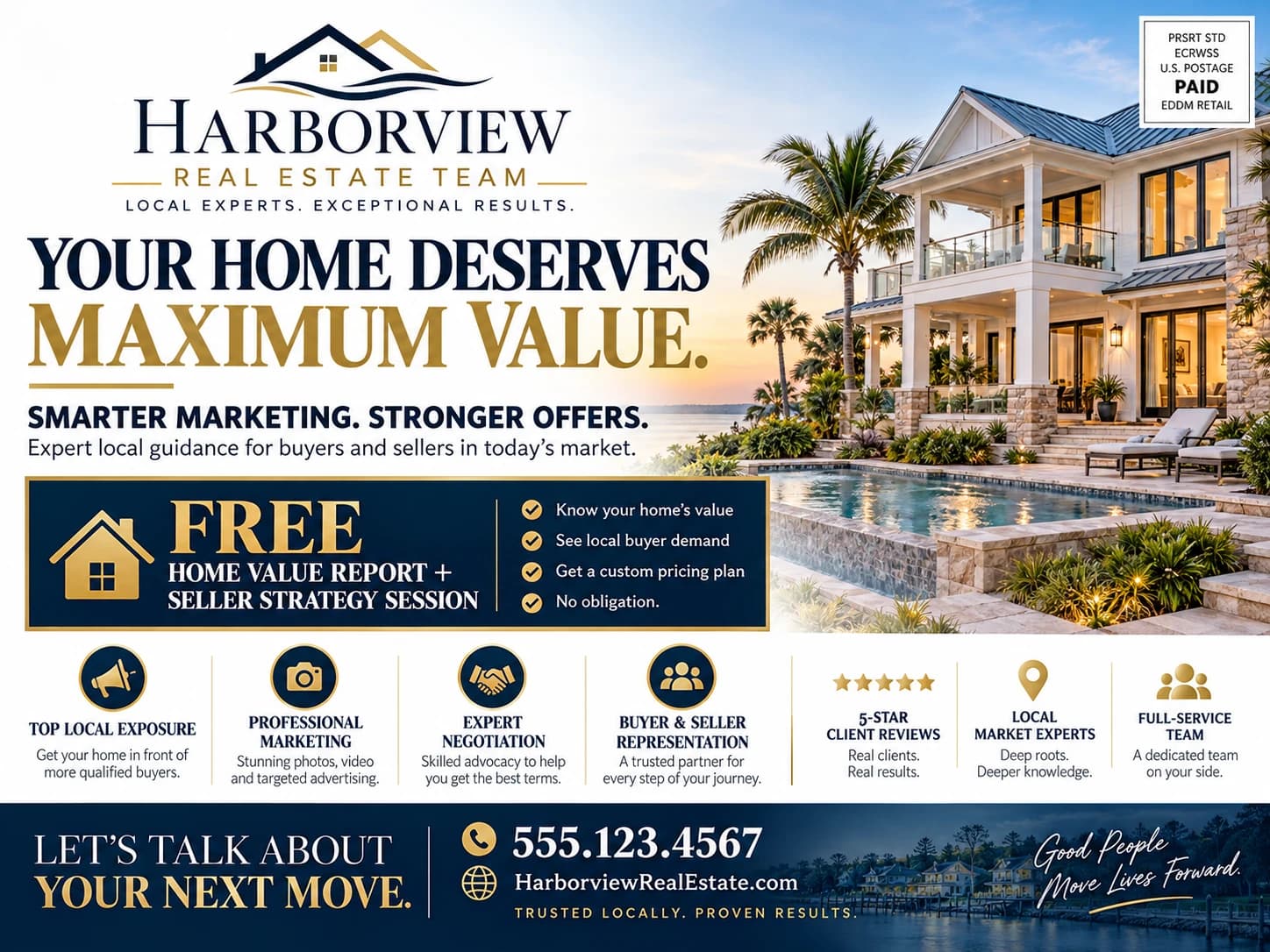 A sample 9x12 solo postcard for a real estate team offering a free home value report