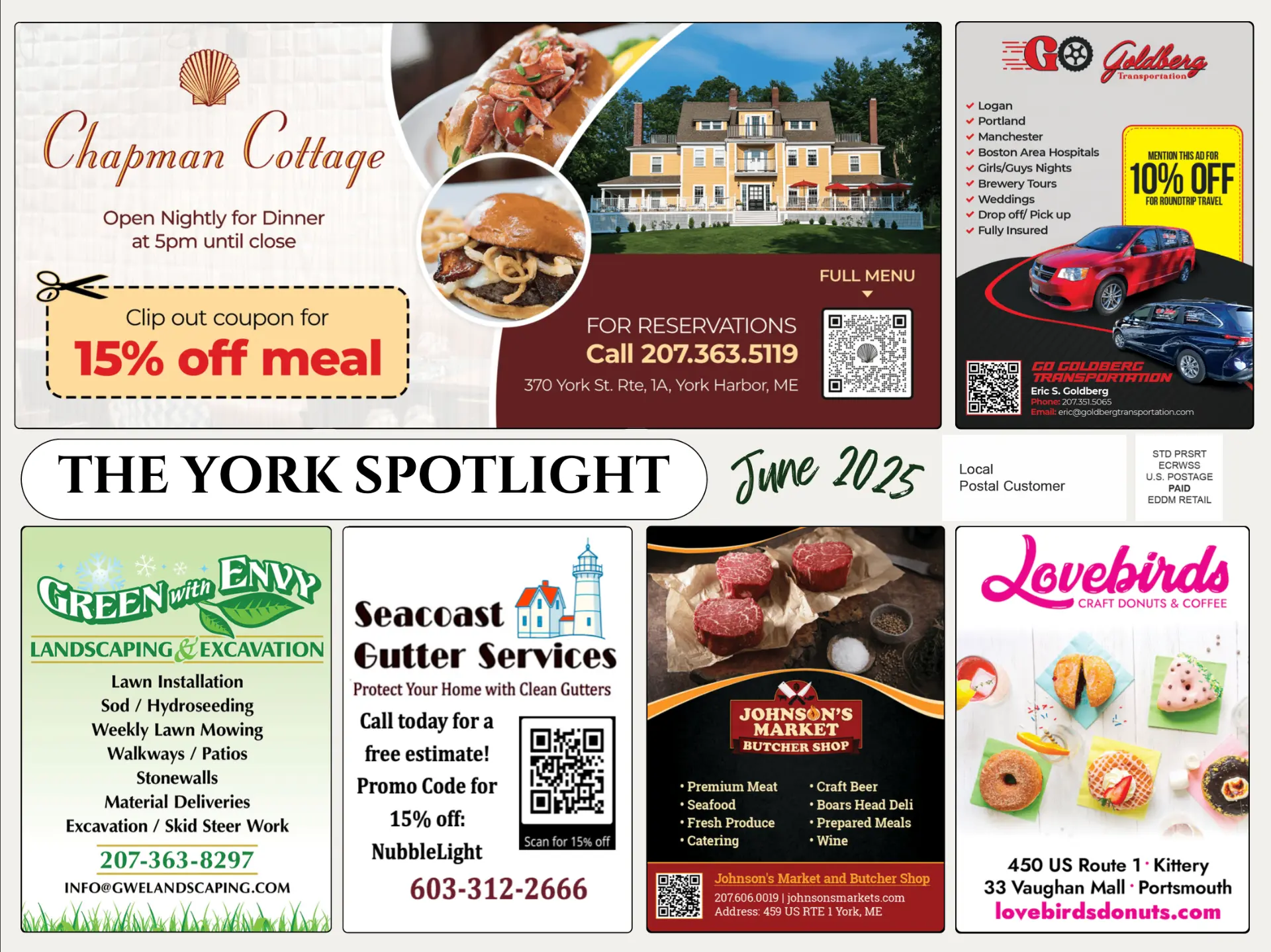The front of The York Spotlight, a real 9x12 shared postcard with local business ads