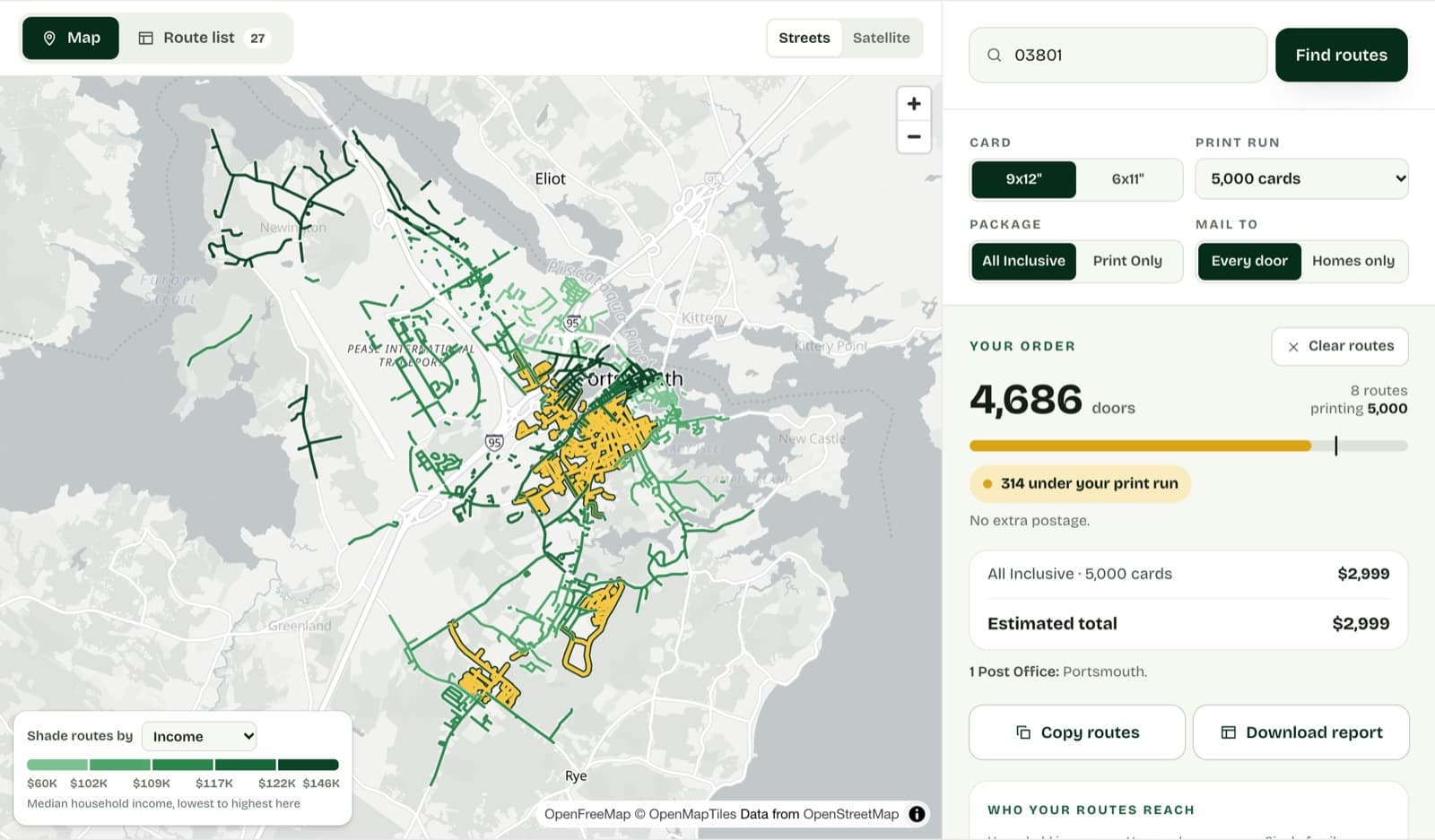 The EDDM route planner map with routes shaded by income
