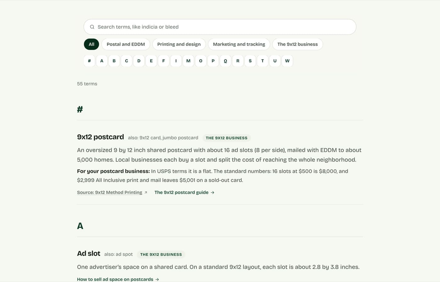 The direct mail glossary with search and topic filters