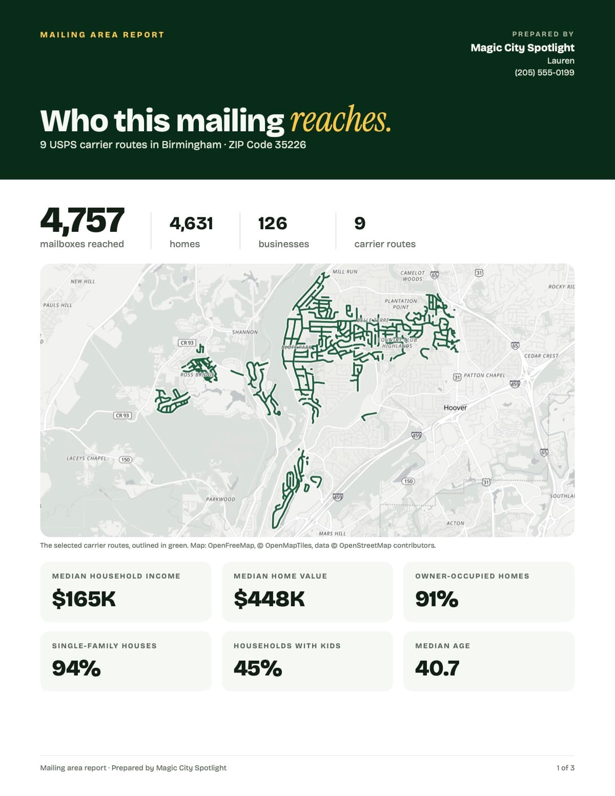 A mailing area report with a route map and neighborhood numbers