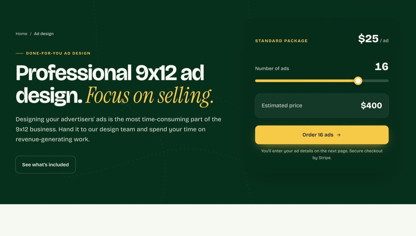 The ad design service with its $25 per ad price calculator