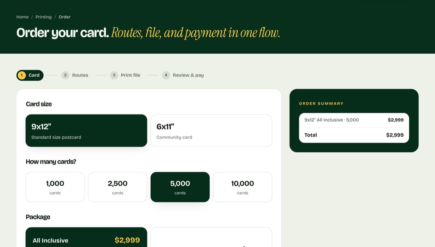 Ordering 9x12 postcard printing online, with the order summary
