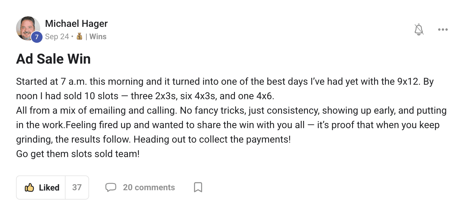 Screenshot of a member win posted in the 9x12 Method community
