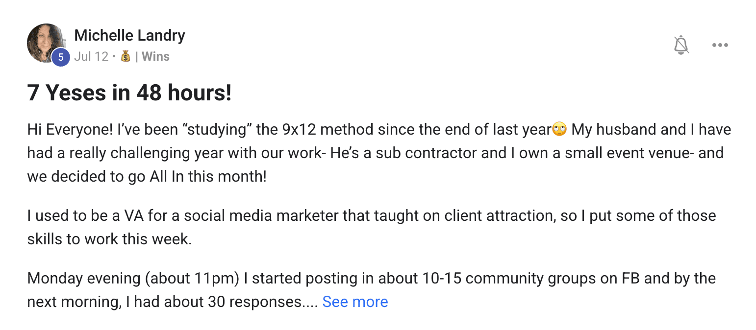 Screenshot of a member win posted in the 9x12 Method community