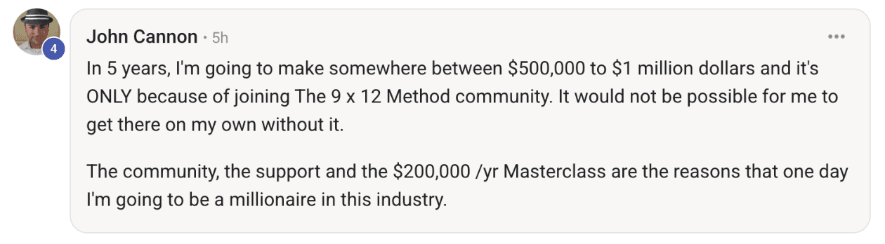 Screenshot of a member message in the 9x12 Method community