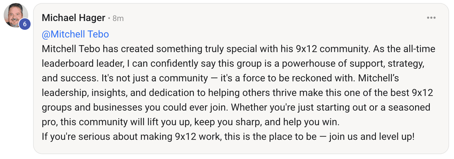Screenshot of a member message in the 9x12 Method community
