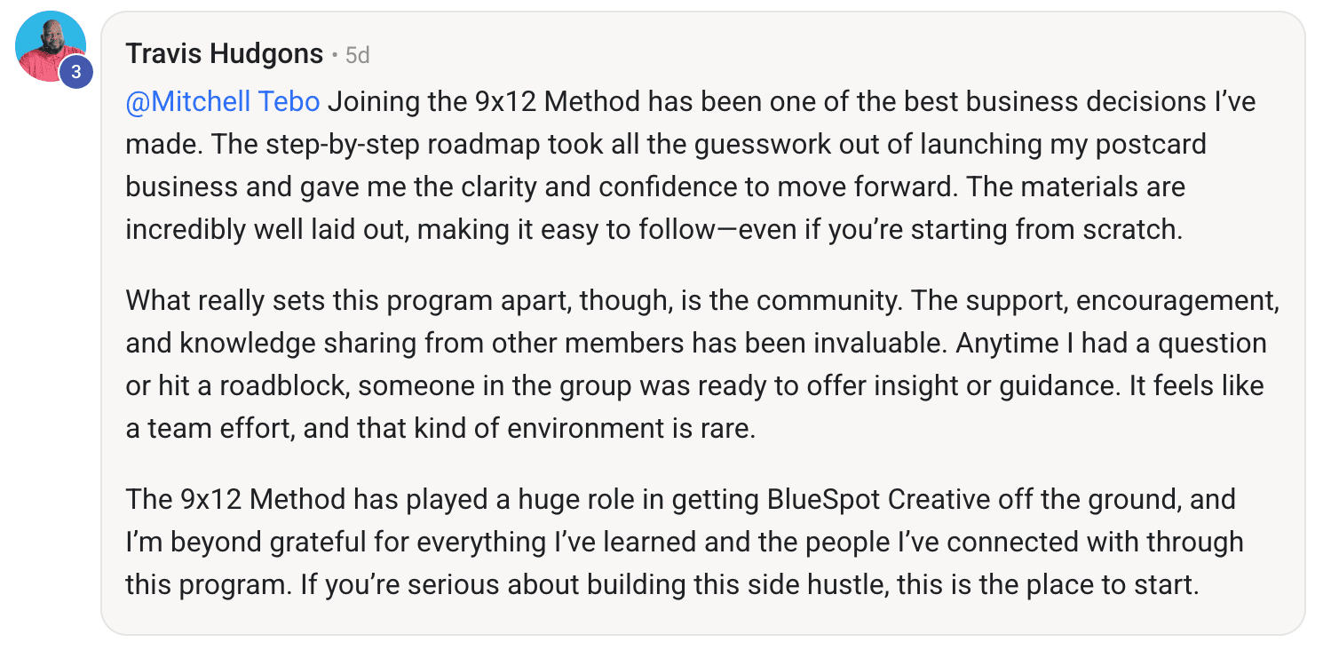 Screenshot of a member message in the 9x12 Method community