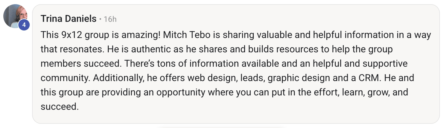 Screenshot of a member message in the 9x12 Method community