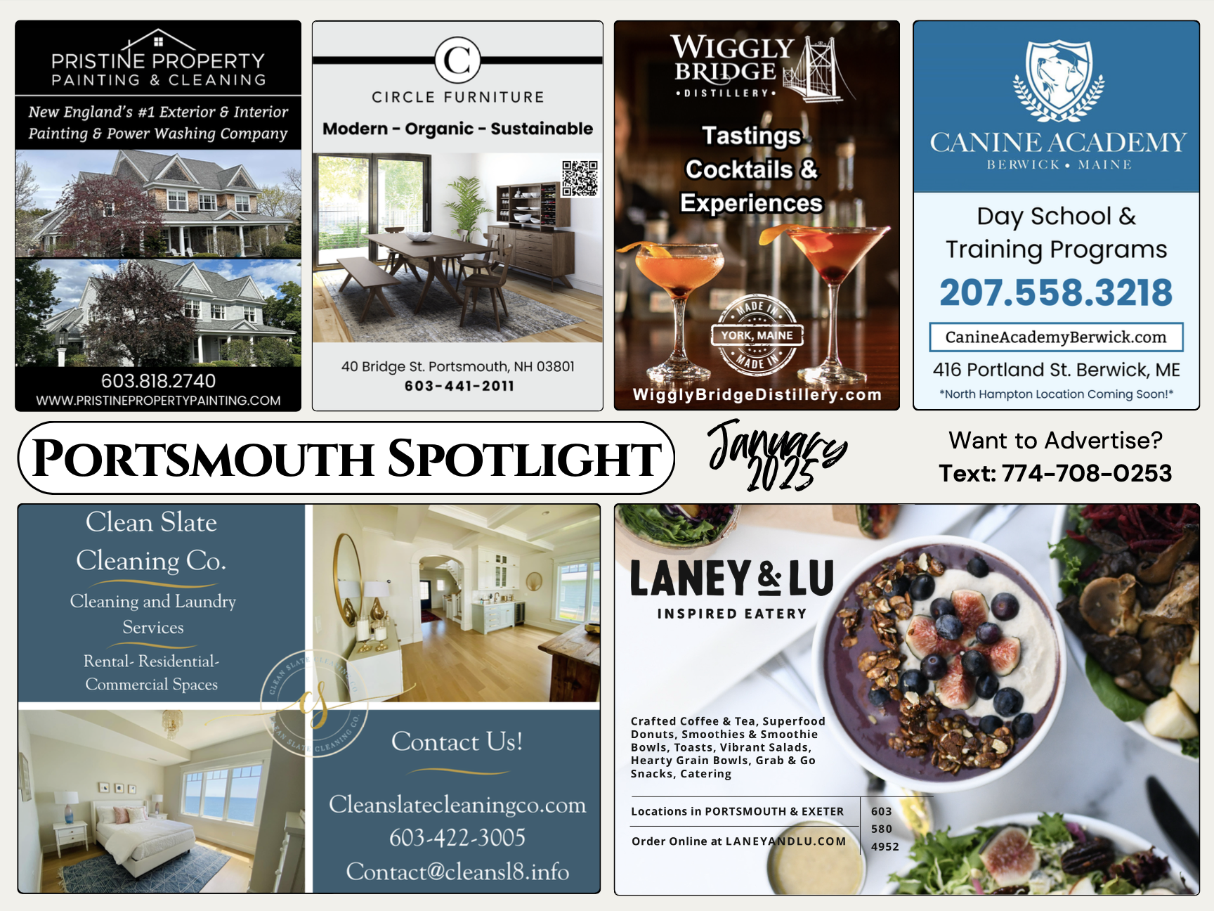 A real 9x12 postcard — "The Portsmouth Spotlight" — showing the premium layout with local business ads