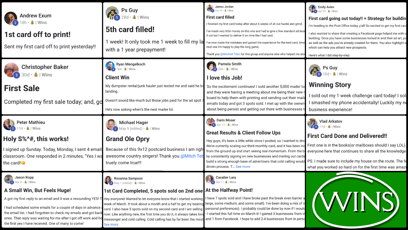 A collage of dozens of community wins — members selling out cards, making first sales, quitting day jobs, filling cards in record time