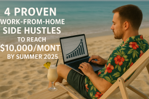 Man working virtually with a title saying 4 Proven Work-From-Home Side Hustles to Reach $10,000/Month by Summer 2025